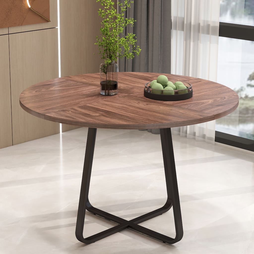 43.3" Round Dining Table for 4-6 People, MDF Wood Tabletop with Metal Legs, Modern Kitchen Table with X-Shaped Base