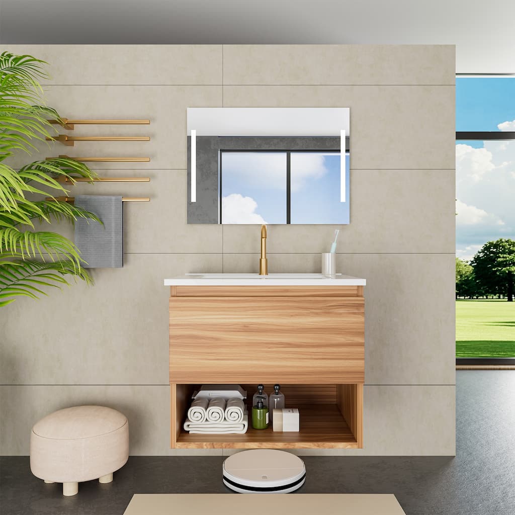 24 Inch Bathroom Vanity Cabinet With Ceramic Sink - Walnut Wall Mounted Floating Fluted Vanity With Drawers