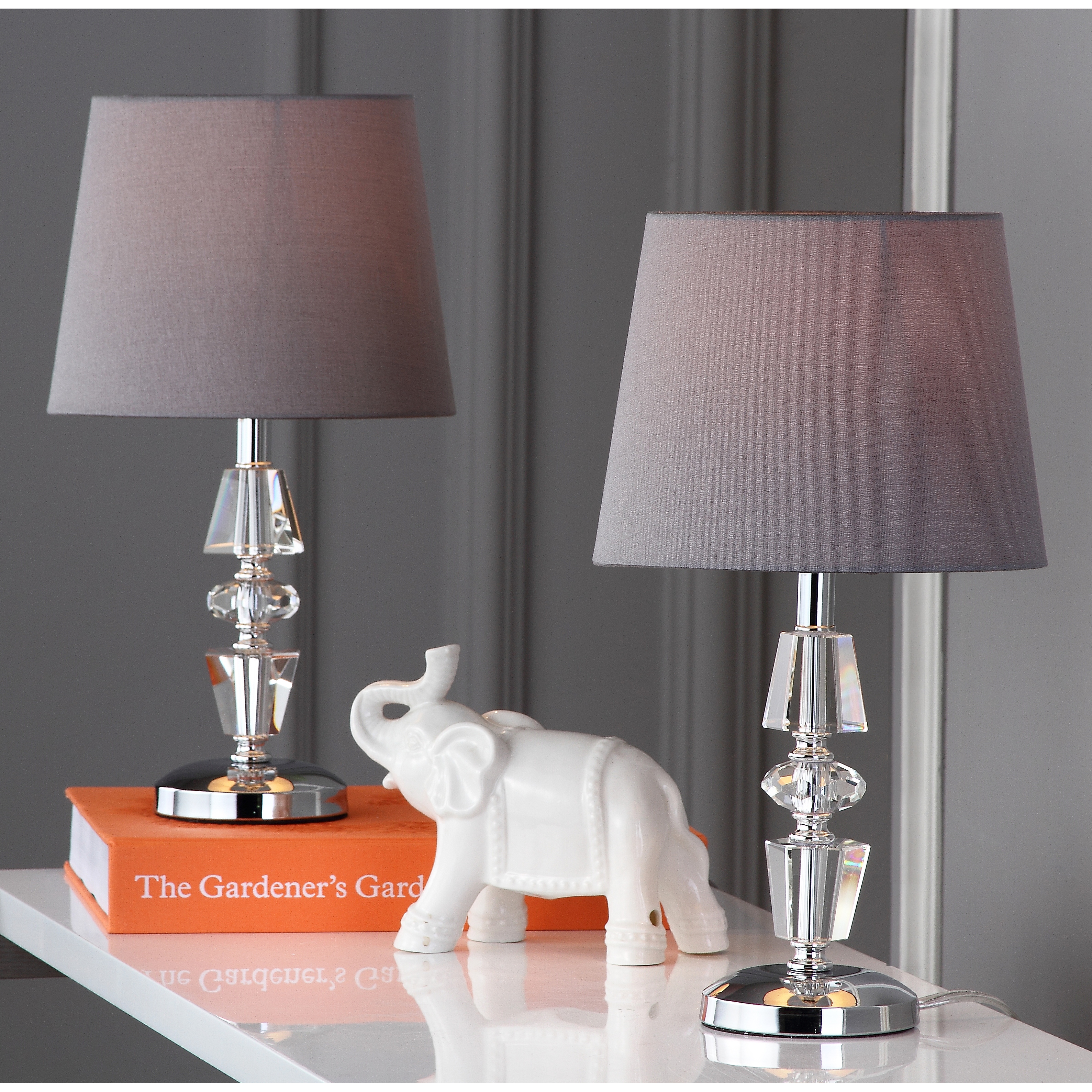 SAFAVIEH Lighting 15 inch Crescendo Grey Shade Tiered Crystal Table Lamp Set of 2 9 x9 x16