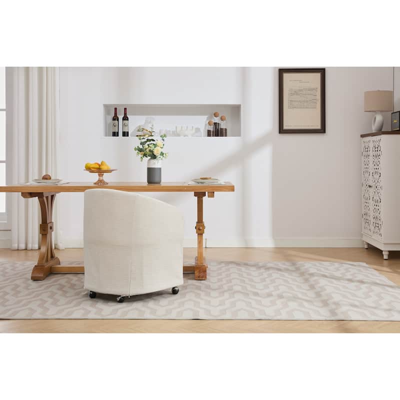 Set of 1 Chenille Fabric Dining Armchair With Back Cushion and Universal Wheels,Beige