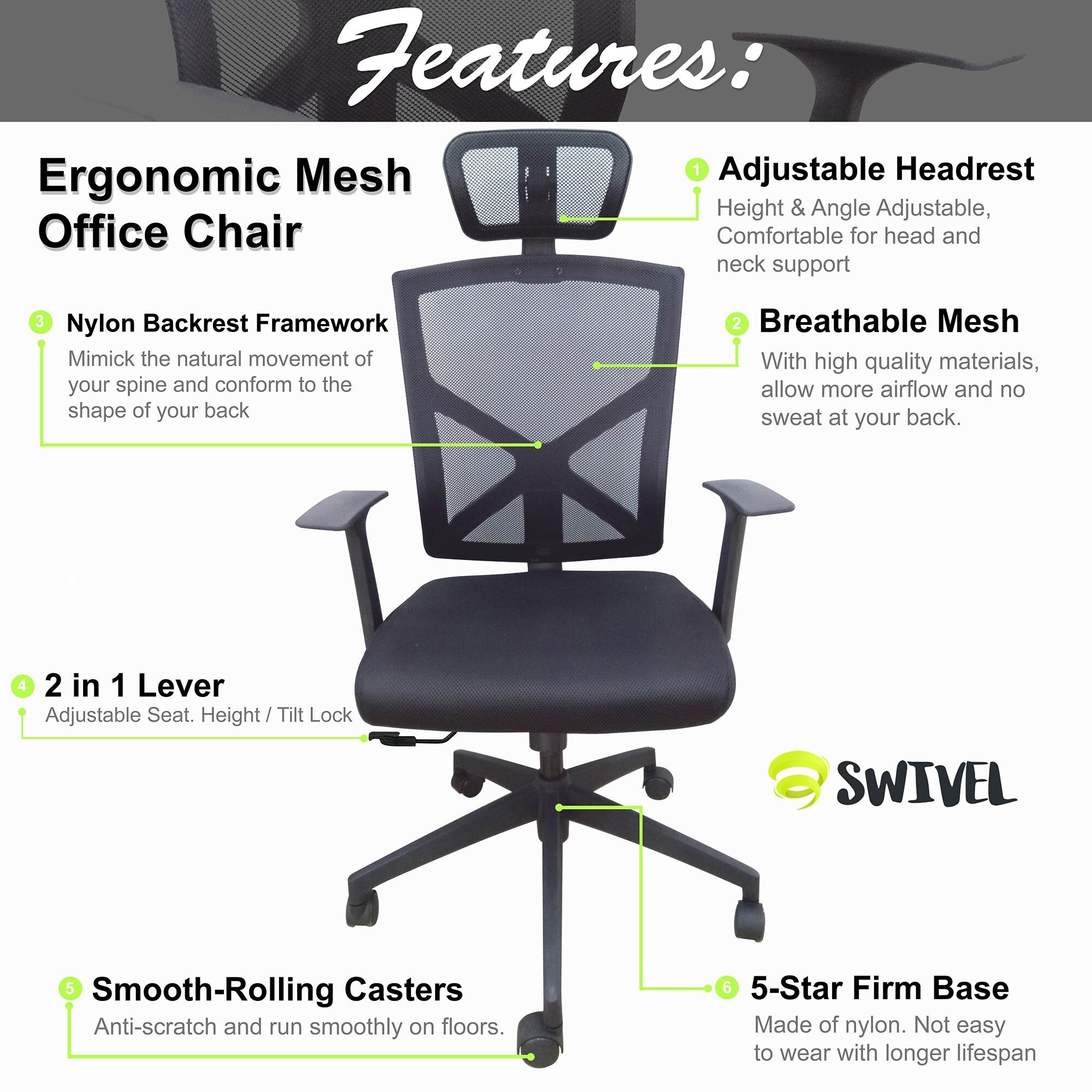 High Back With Headrest Office Mesh Chair Tilt Arms Lumber Support Large Base Adjustable Swivel Task Executive Black Overstock 22747980
