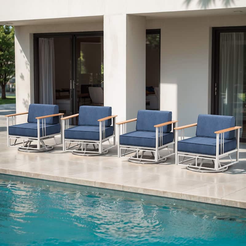 Puffin Metal Frame Outdoor Swivel Gliding Chairs with 6-Inch Thick Olefin Cushions - 4-Piece - White/Navy Blue