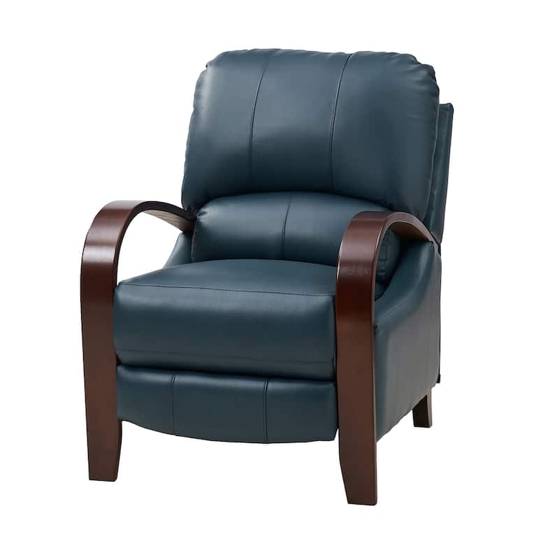 Alex Mid-century Modern Genuine Leather Manual Recliner with Wooden Curved Arms