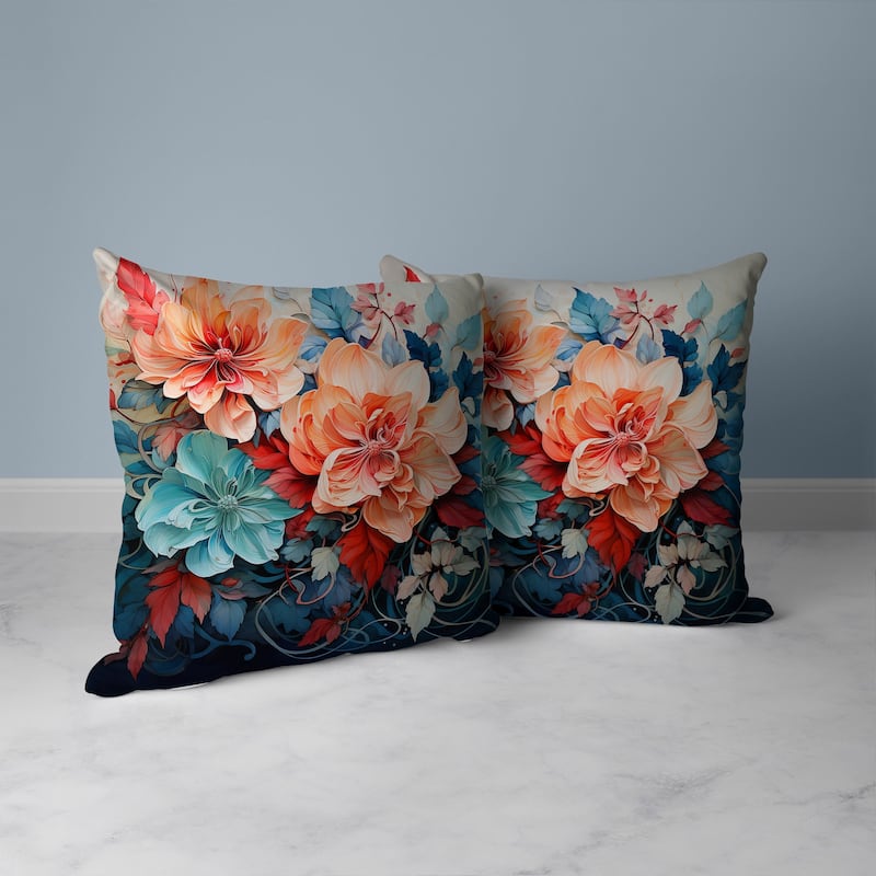 Large Flowers Faux Suede Reversible Throw Pillow Peach and Blue