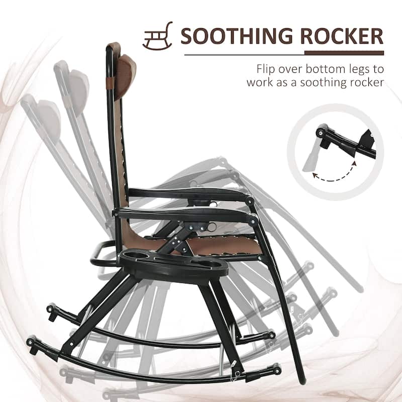 2 Pcs Outdoor Breathable Reclining Rocking Chair, Folding Chaise Lounge Chair with Detachable Tray & Movable Pillow