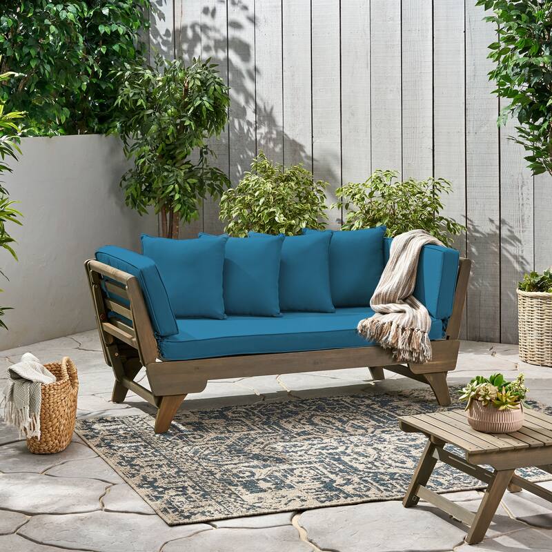 Outdoor Patio Sofa Bed, Small Wood Patio Loveseat with Adjustable Armrests & Removable Cushions, Convertible Couch, for Balcony