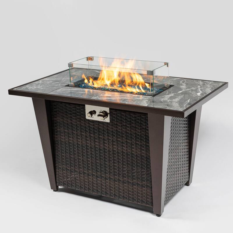 GDFStudio - Callahan 42" Steel Outdoor Fire Pit Table with Marble Tile Top, Glass Wind Guard & 50,000 BTU Flame - Brown+Wicker