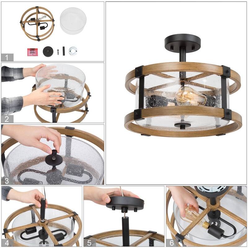 Modern Farmhouse 2-Light Drum Semi-flush Mount Seeded Glass Ceiling Light