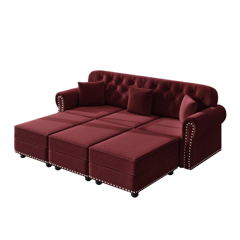 Mid Century Modern Couch, Velvet Chesterfield Sofa Button Tufted Oversized Loveseat Sofa with Nailhead Trim & Roll Armrests