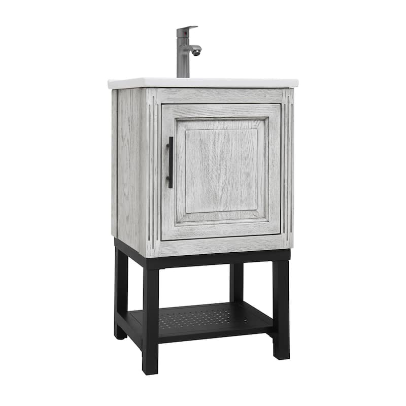 GDFStudio - CompactLine Modern Freestanding Bathroom Vanity with Ceramic Sink and Open Metal Shelf - 20 Inch