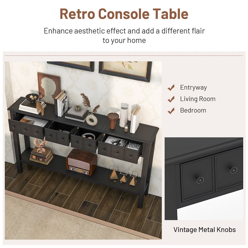 60 Inch Long Sofa Table with 4 Drawers and Open Shelf for Living Room - 60" x 11" x 34.5"