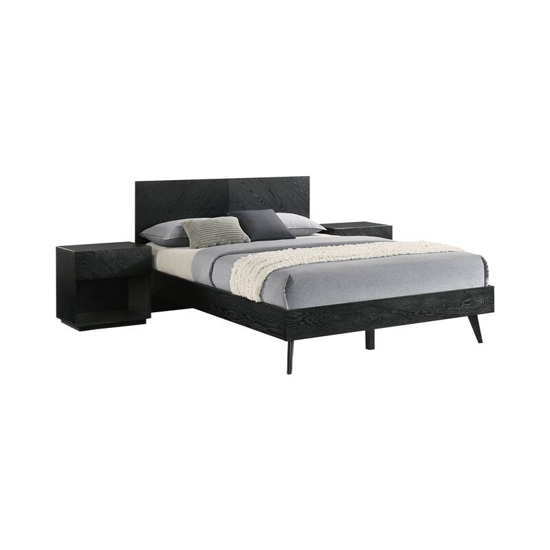 Petra Black Wood 3 Piece Bedroom Set with 2 Nightstands and Platform King or Queen Bed Frame