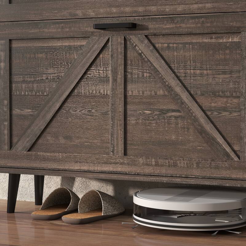 Shoe Storage Cabinet with Barn Door, Freestanding Wooden Shoe Organizer, Shoe Rack with 2 Flip Drawers & Adjustable Shelves
