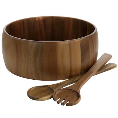 Arcata 3 Piece Acacia Wood Round Serving Bowl and Spoon Set in Brown