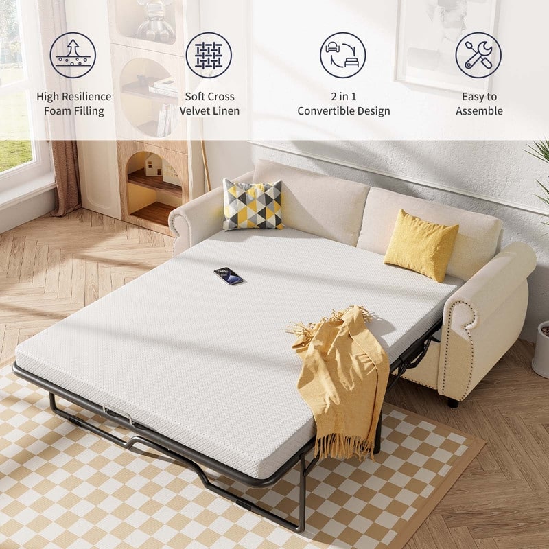 Mixoy Full/Queen Size Pull Out 2 in 1 Sleeper Sofa Bed with Mattress,Convertible Upholstered Loveseat with Nailhead