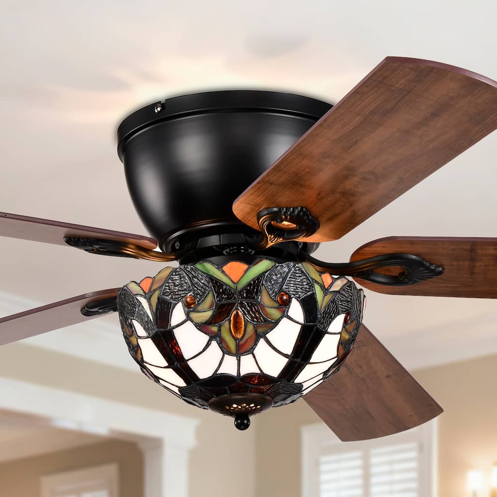 Apgrie 52-Inch Flushmount Lighted Ceiling Fan Warm Tones Tiffany Glass Lamp Black Finish