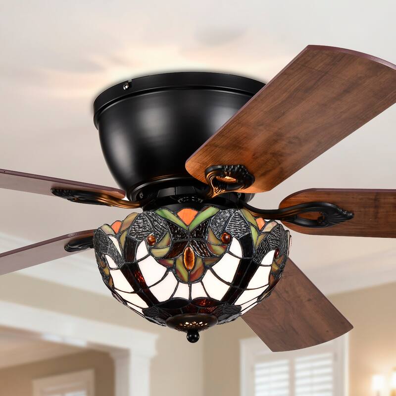Apgrie 52-Inch Flushmount Lighted Ceiling Fan Warm Tones Tiffany Glass Lamp Black Finish