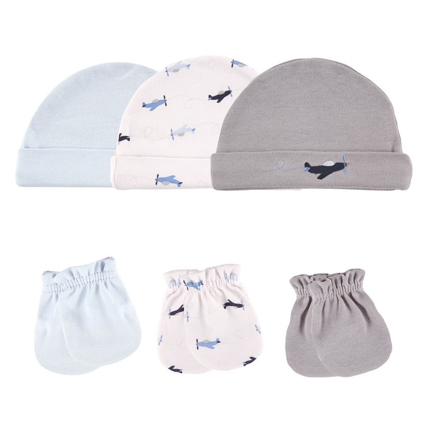 slide 2 of 2, Luvable Friends Baby Boy Cotton Caps and Scratch Mittens 6pk, Airplane 0-6 Months - Airplane