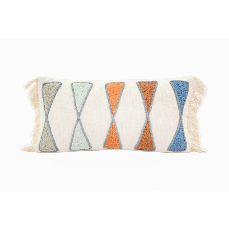 Cotton Lumbar Pillow with Embroidery and Fringe