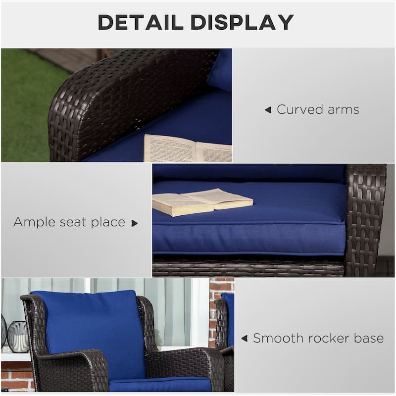 Outsunny Outdoor Wicker Rocking Chair Set of 2 with Wide Seat, Thick Cushions, Rattan Rockers with Steel Frame, High Weight