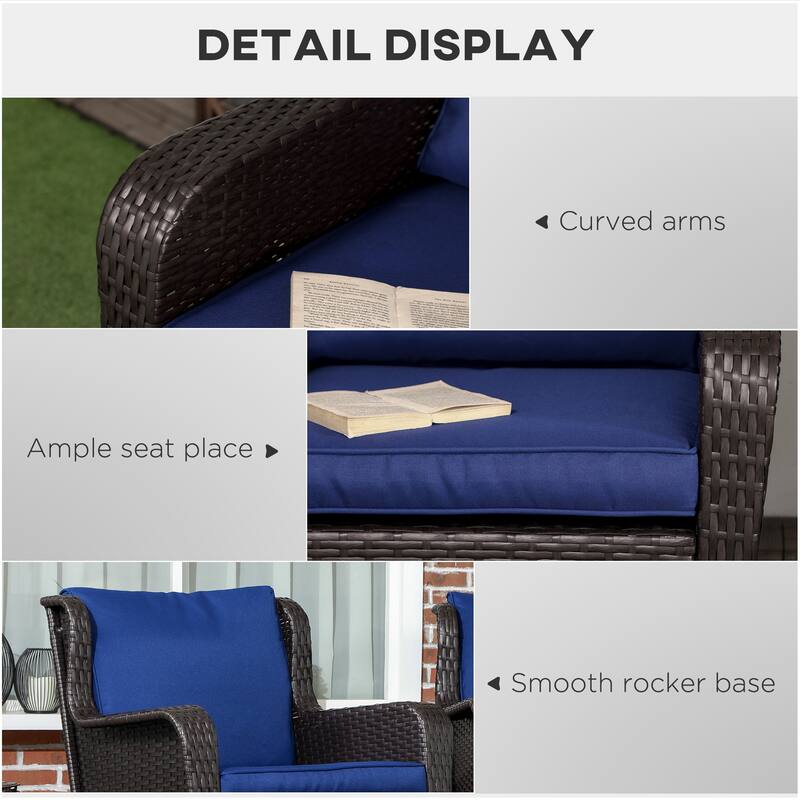 Outsunny Outdoor Wicker Rocking Chair with Wide Seat, Thick Cushions, Rattan Rocker with Steel Frame, High Weight Capacity f
