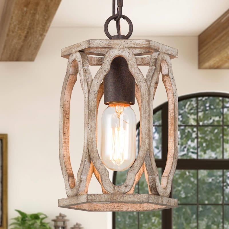 Farmhouse 1-Light Wood Lantern Pendant Cage Light for Kitchen Island - D6"x H 9.5"