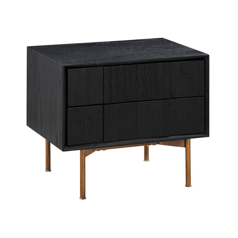 Carnaby 2 Drawer Nightstand in Black Brushed Oak Wood and Bronze