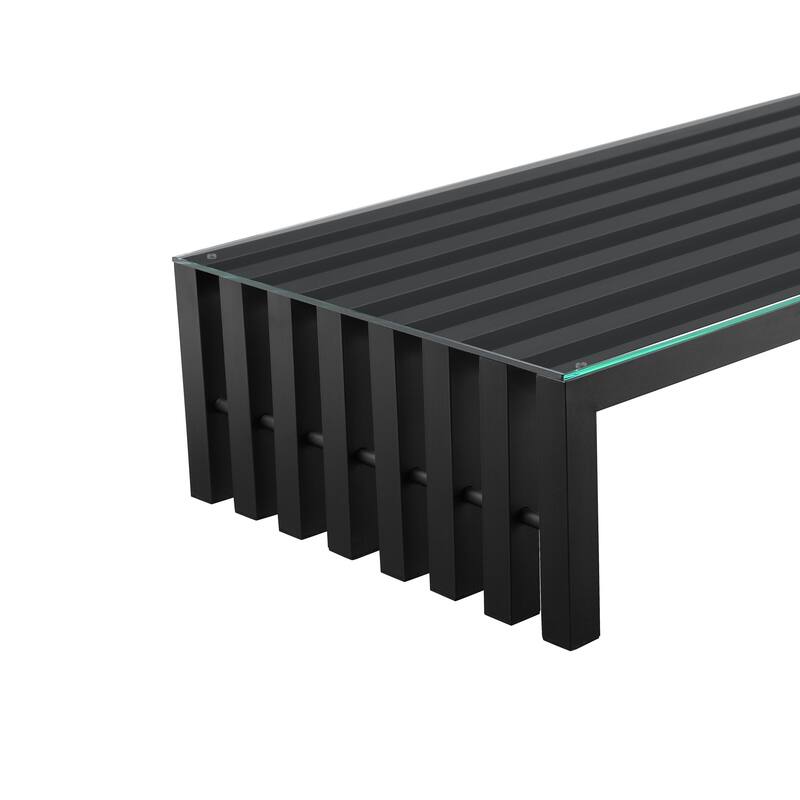 Namo 55 Inch Coffee Table, Tempered Glass Top, Slatted Black Metal Frame