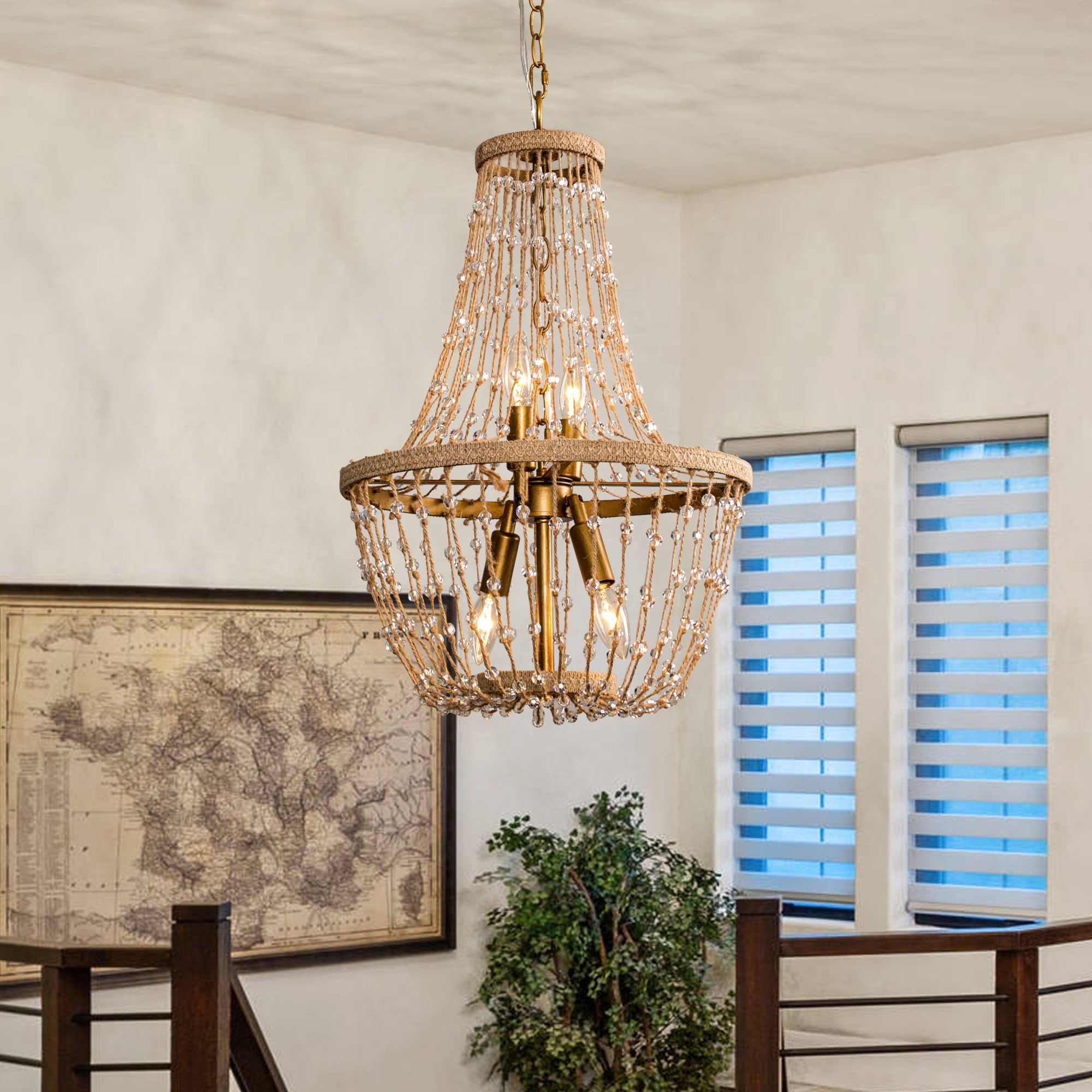 Modern Farmhouse 4 Light Antuque Gold Rope Empire Chandelier with Crystal Accents for Living Room