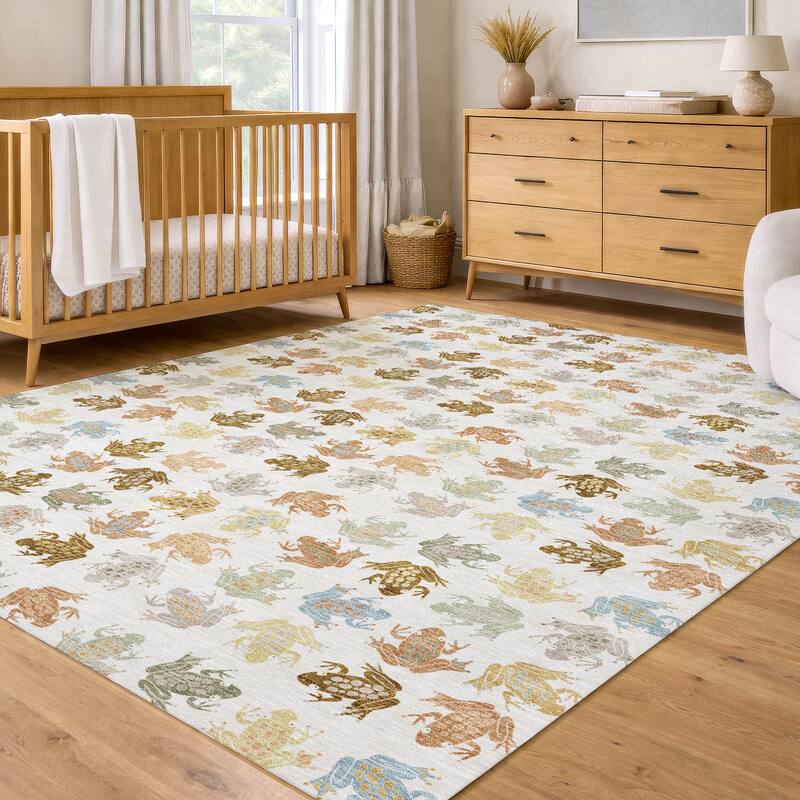 Machine Washable Indoor/ Outdoor Modern Frogs Chantille Rug
