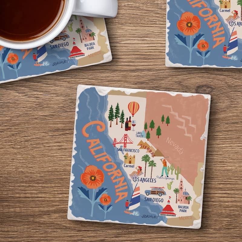 Absorbent Stone Beverage Coasters - Set of 4 - - State Attractions - CA - Multi-54