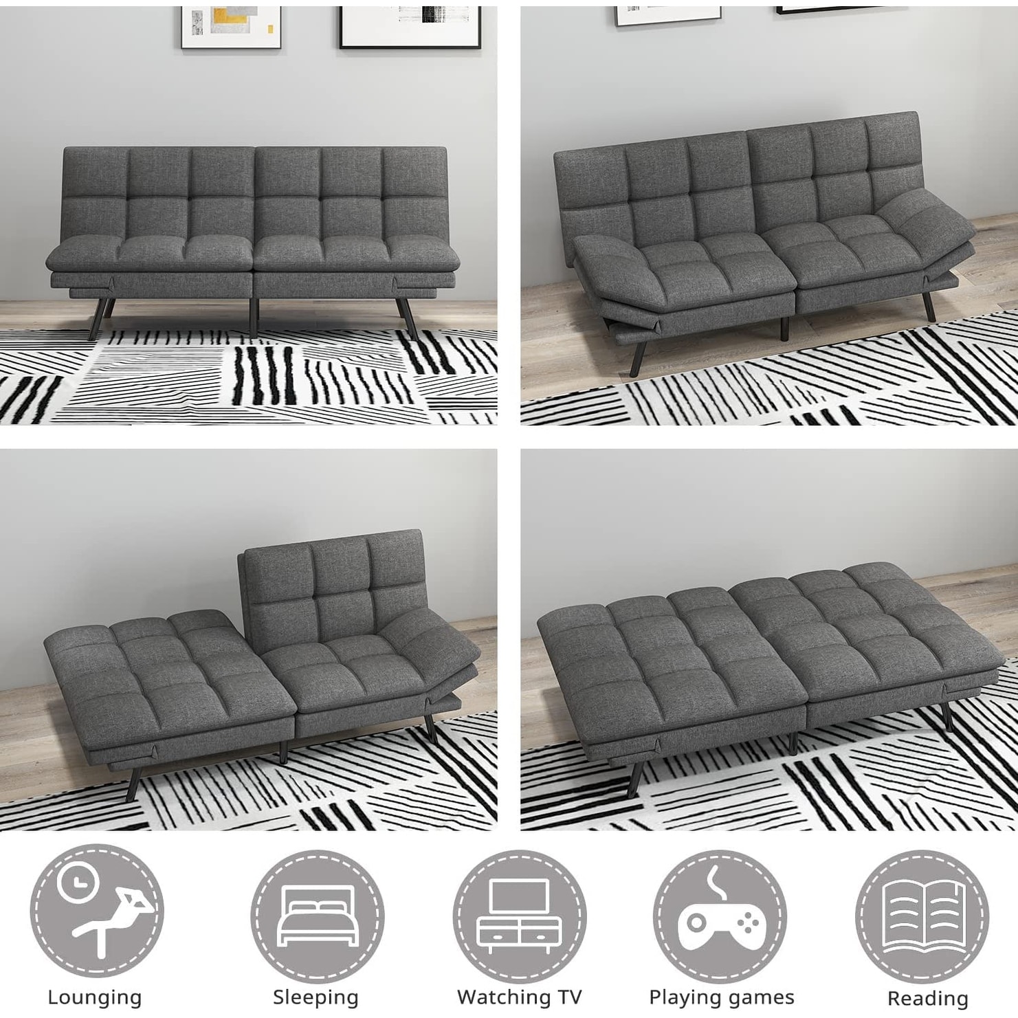 Futon Sofa Bed, Memory Foam Foldable Couch Convertible Loveseat