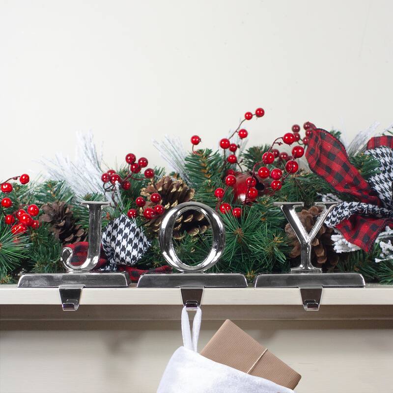 Set of 3 Shiny Silver Beveled JOY Christmas Stocking Holders 5"