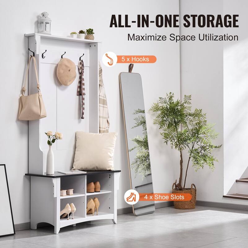 Hall Tree Entryway Bench with Shoe Storage and Coat Hooks 32 Inch Wide - 2.68 x 1.31 x 5.64 ft