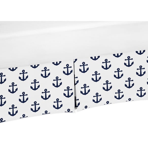 slide 1 of 1, Navy Blue White Anchors Boy Girl Crib Bed Skirt - Nautical Theme Ocean Sailboat Sea Marine Sailor Anchor Unisex Gender Neutral