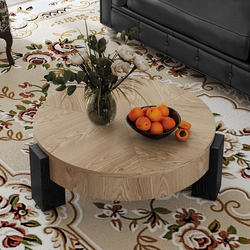 33" Modern Wabi-Sabi Wood Parquet Veneer Top Coffee Table with Hidden Storage