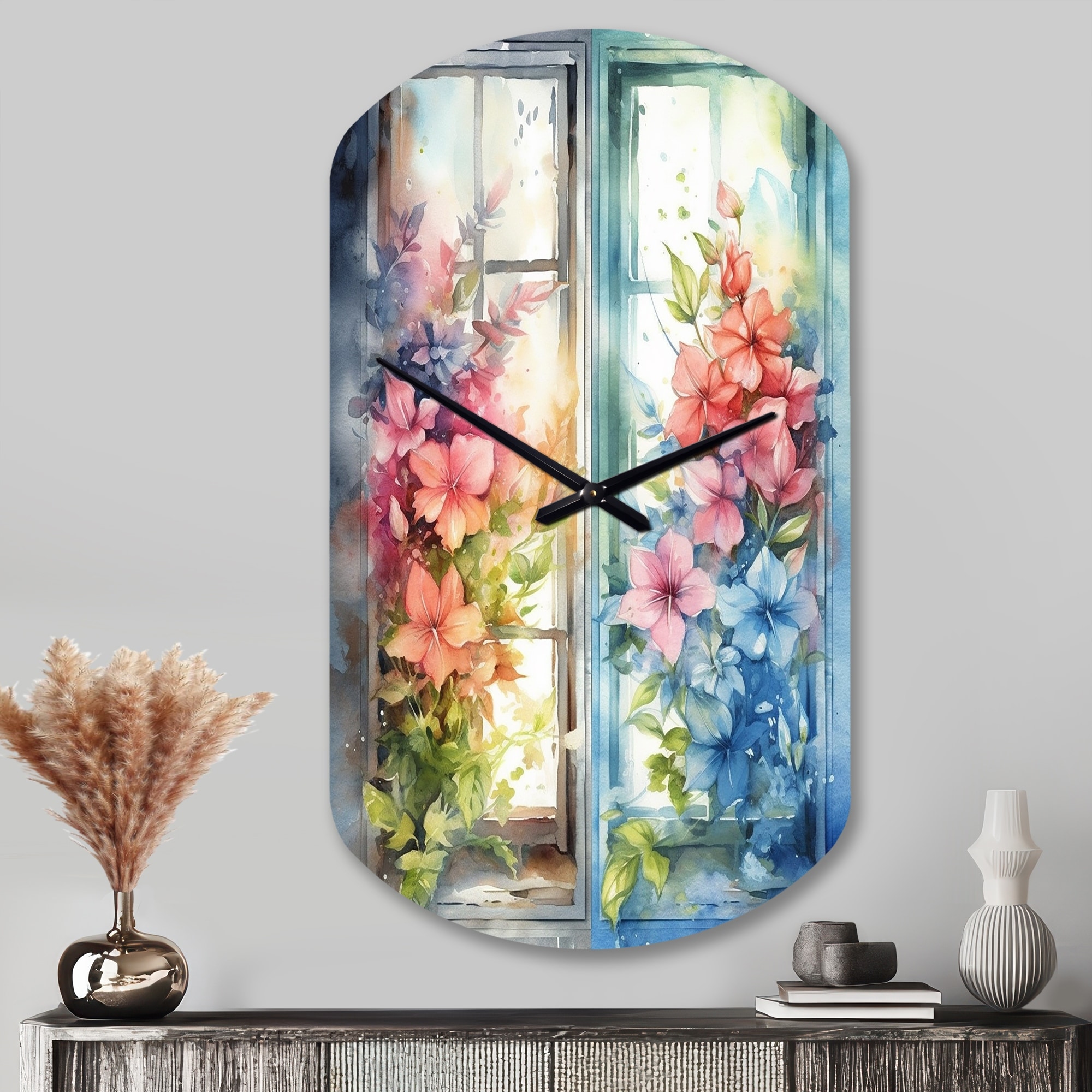 Designart - Window Of Floral Blooms I - Window Large Wall Clocks - Traditional Wall Clock in Cylinder Shape