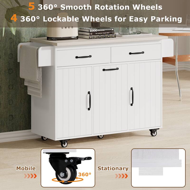 Rolling Kitchen Island Table with Trash Can Storage and Drop Leaf, Movable Portable Kitchen Storage Islands & Carts on Wheels