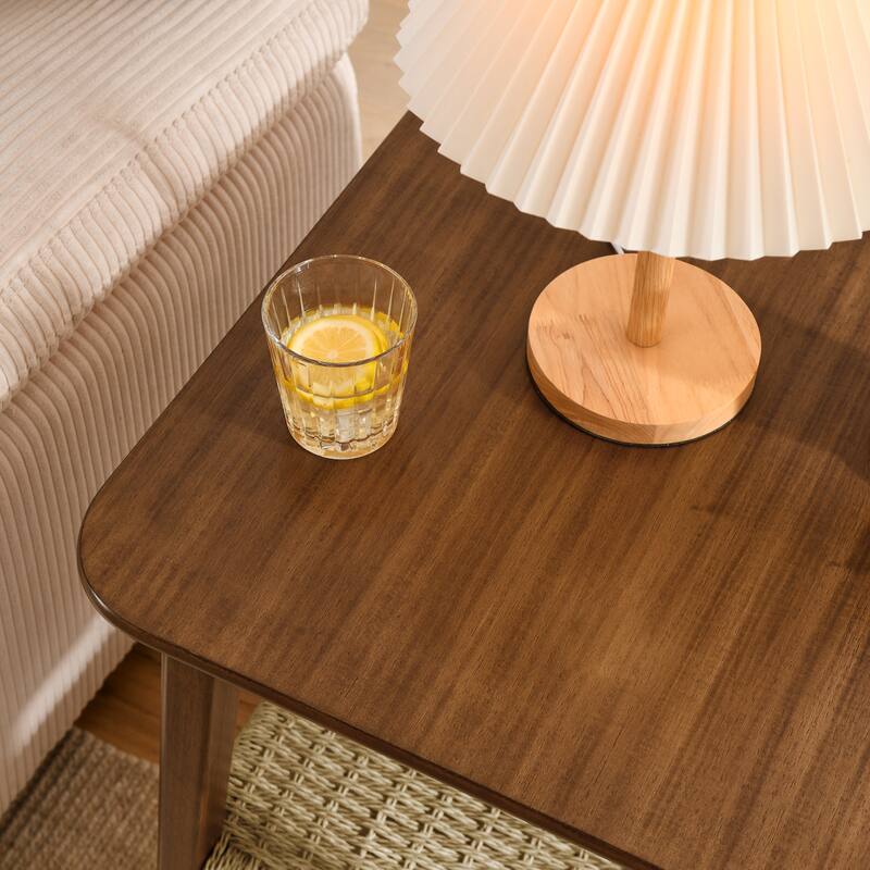 23" Boho Side Table With Storage Mid-Century Side Table With Woven Shelf Bedside Tables For Living Room Couch Bedroom