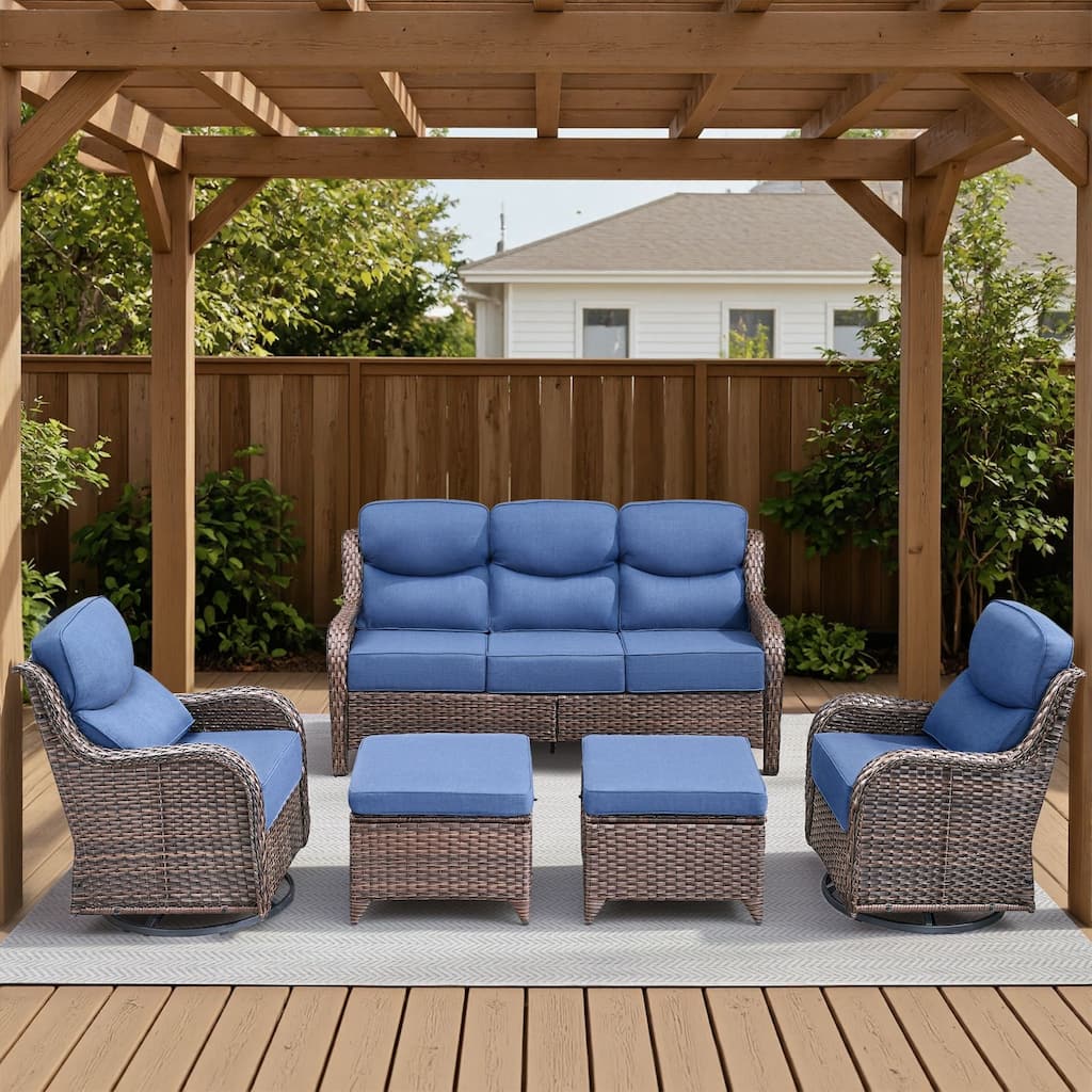Arcadia 5-Piece Wicker Patio Conversation Set with Swivel Gliders and 6-Inch Thick Olefin Cushions