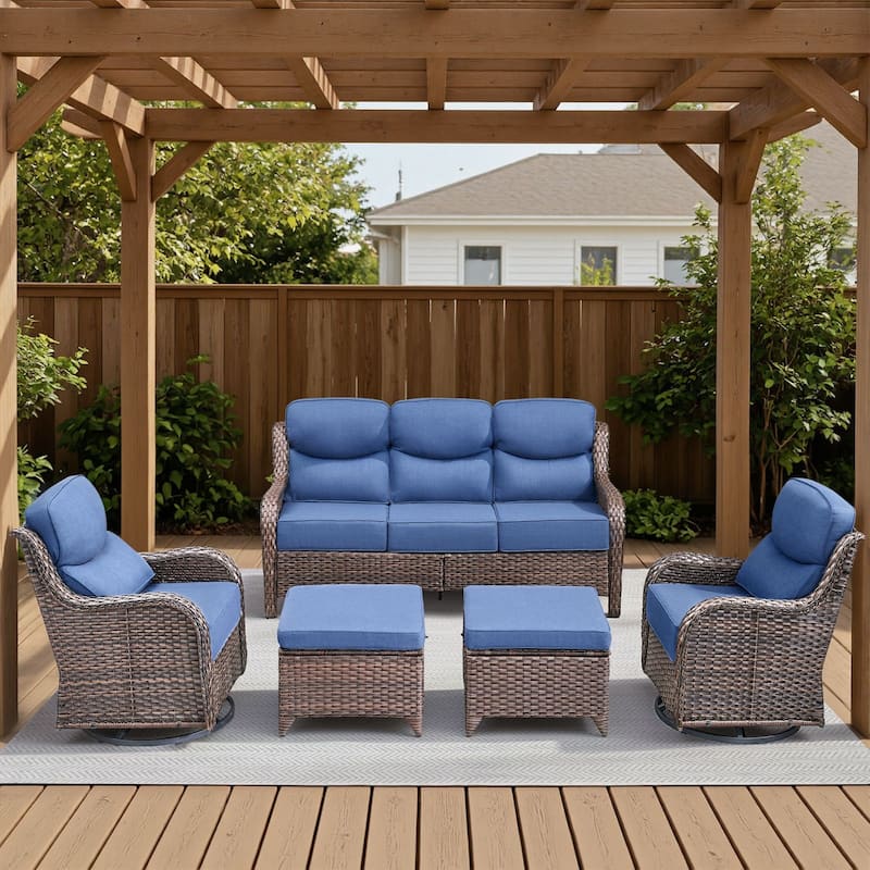 Arcadia 5-Piece Wicker Patio Conversation Set with Swivel Gliders and 6-Inch Thick Olefin Cushions - Navy Blue Cushions - Brown Wicker