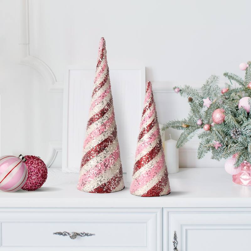 14-18" Glitter Iced Striped Cone Tree Set of 2