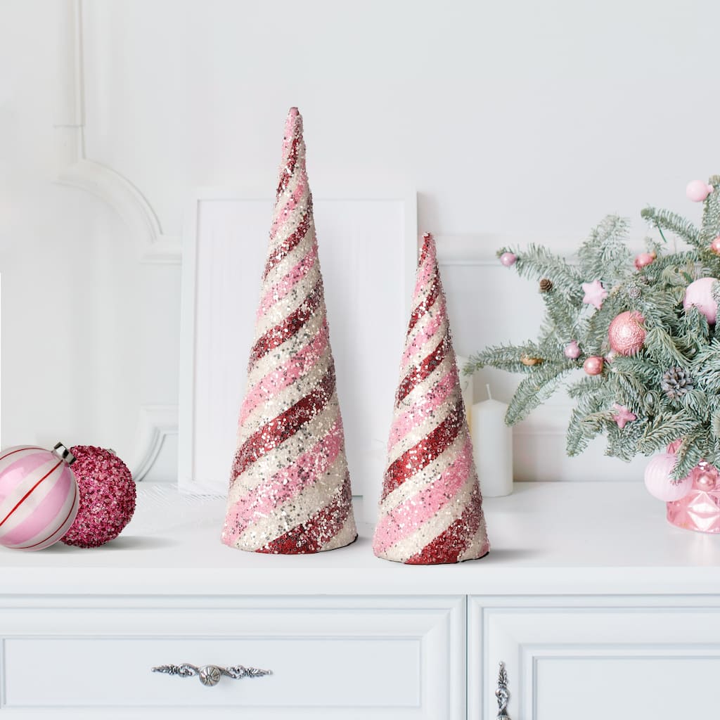 14-18" Glitter Iced Striped Cone Tree Set of 2