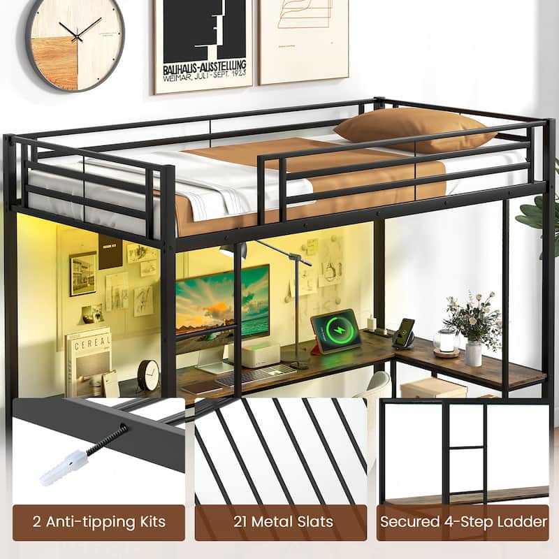 Gymax Twin Size LED Bed Frame w/ Charging Station Upholstered
