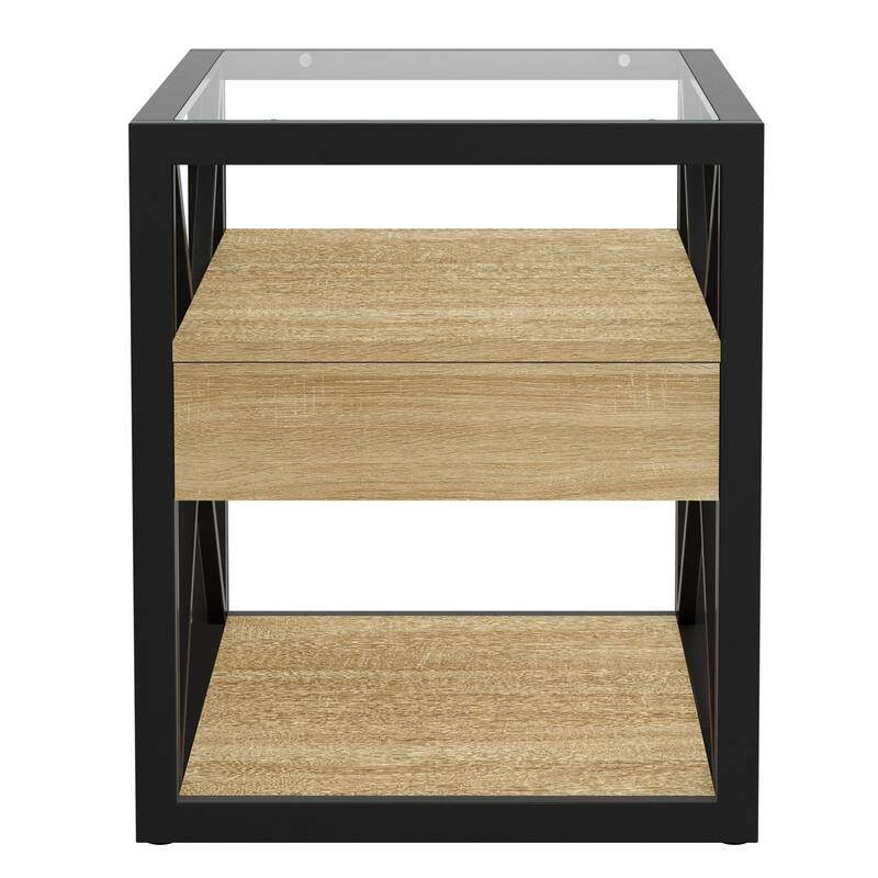 Set Of 2 Modern End Table With Drawer - Nightstand For,Rustic Wood Grain Mdf&Tempered Glass Top, Industrial Style Side Table