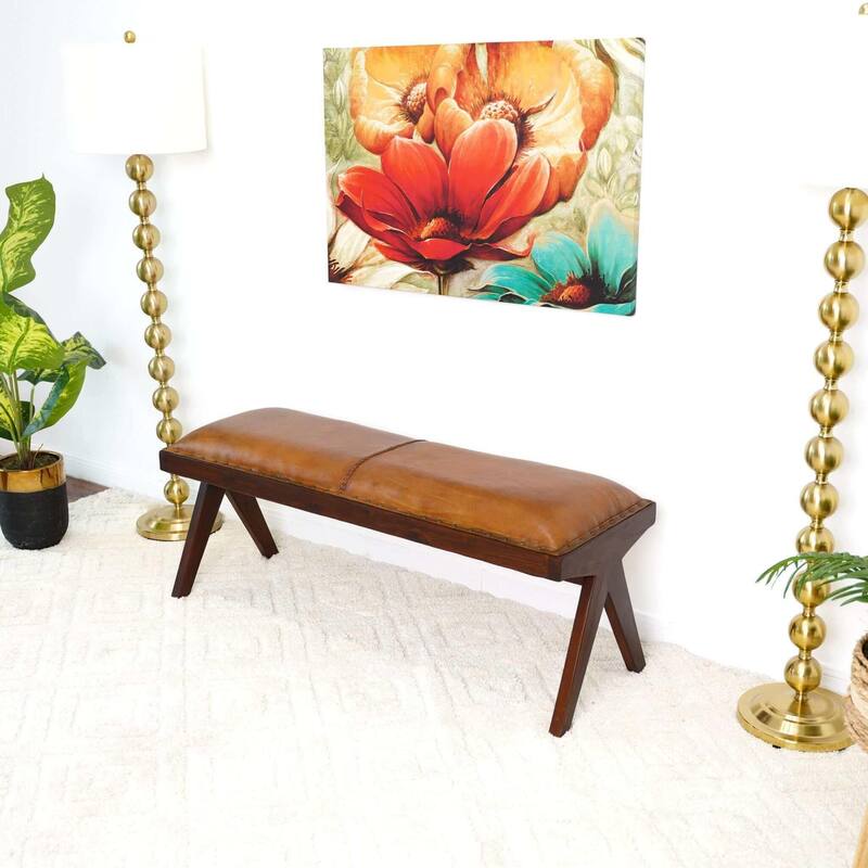GDFStudio - Chad Modern Mid-Century 47.5" Genuine Leather Bench with Solid Wood Frame - 16.1"W