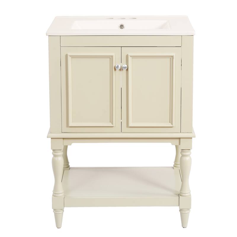 24" Modern Luxury Bathroom Vanity with Ceramic Sink, Compact Cabinet with Open Shelf & Closed Storage