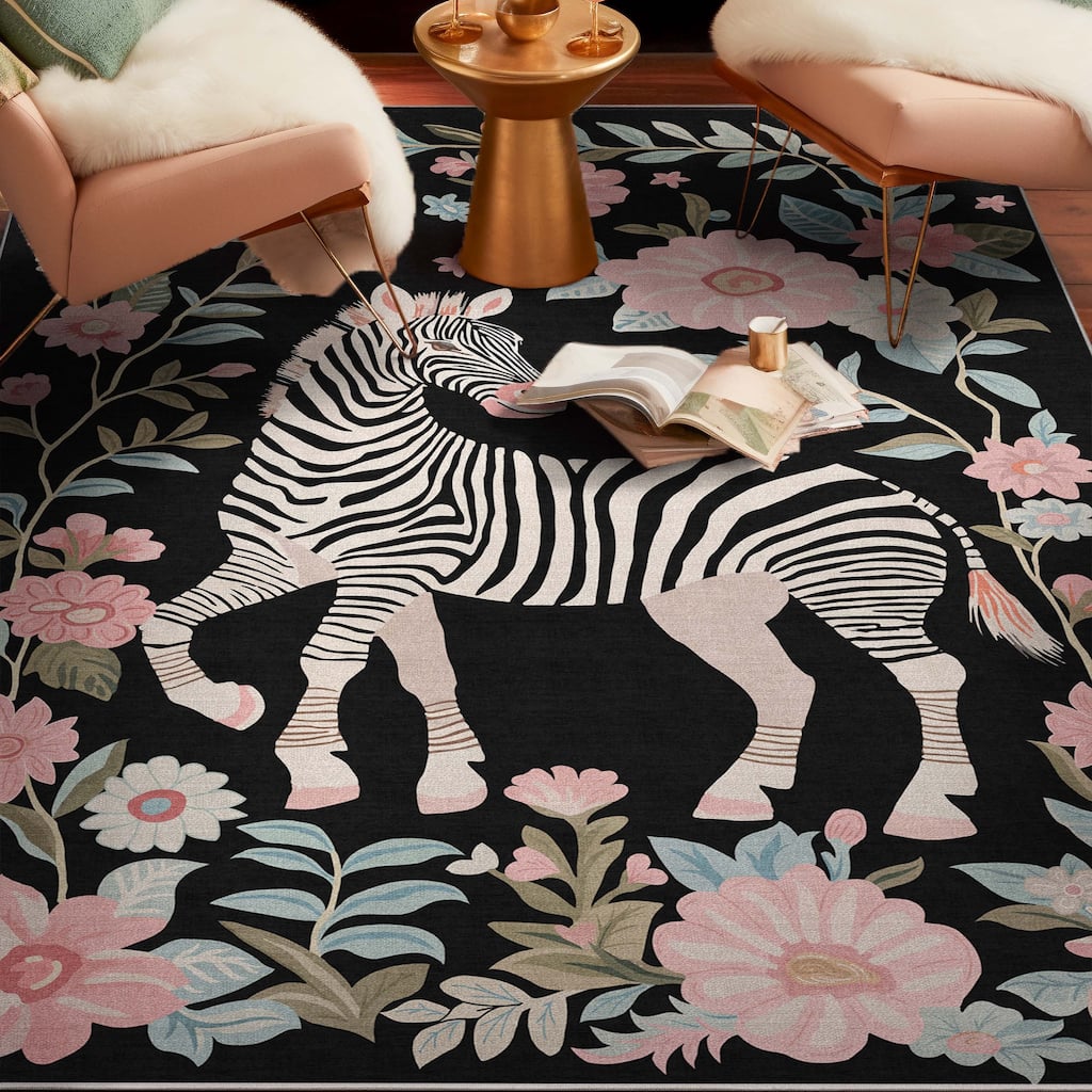 Well Woven Apollo Zebra Floral Animal Print Modern Flat Pile Area Rug