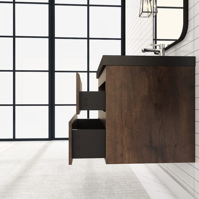 24/30/36 inch Wall-Mounted Bathroom Vanity Set in Rose Wood with Integrated Black Resin Sink