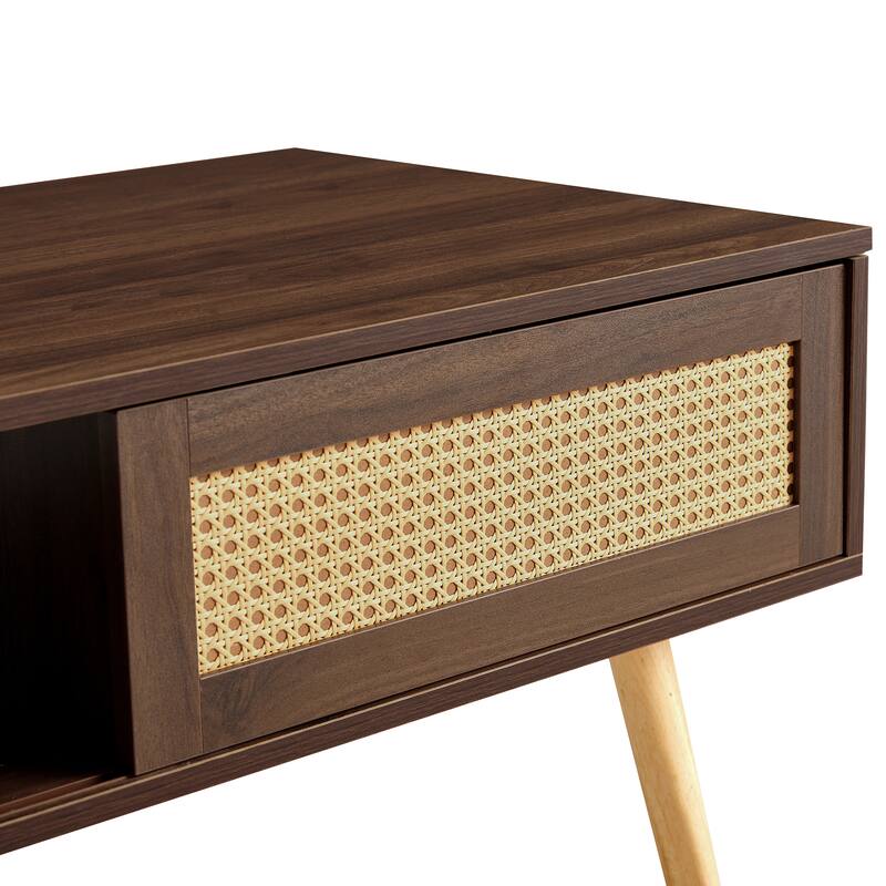 Modern PE Rattan Coffee table With Solid Wood Legs for Living Room